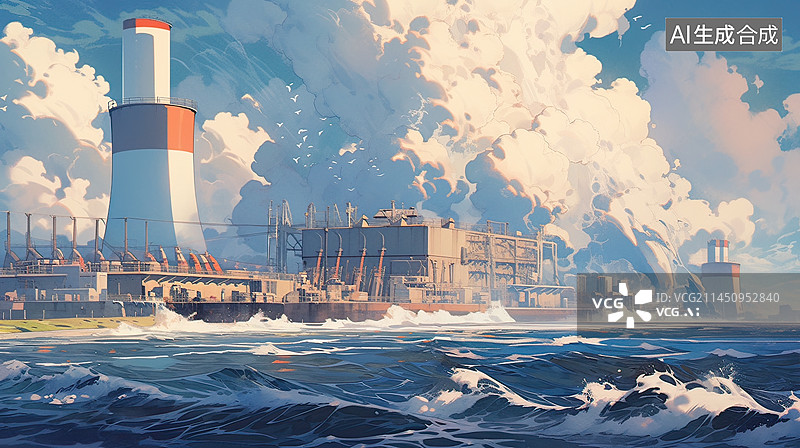 【AI数字艺术】烟雾弥漫的核电站。全球变暖。能源危机。化石燃料投资下降插画图片素材
