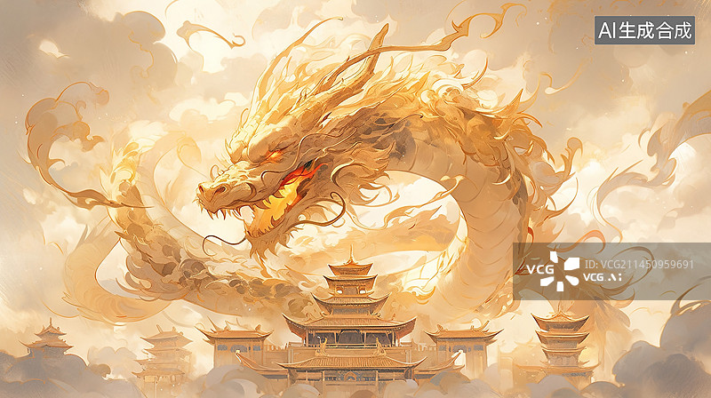 【AI数字艺术】中国龙在古风建筑上方祥云里飞翔，端午节，龙年新年插画图片素材