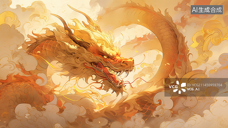 【AI数字艺术】中国龙在古风建筑上方祥云里飞翔，端午节，龙年新年插画图片素材