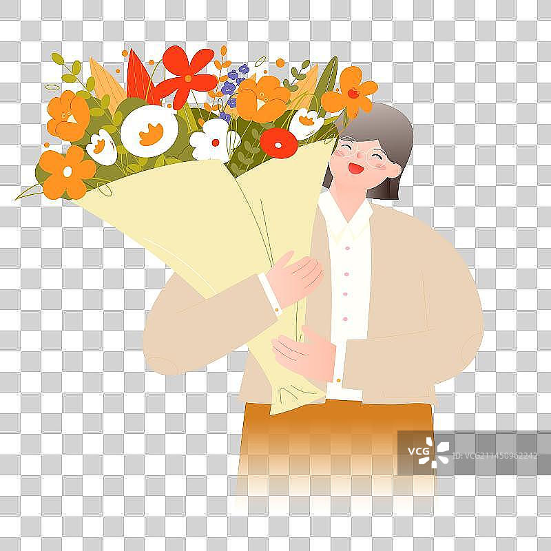抱着一大束花开心微笑的老师矢量人物插画元素图片素材