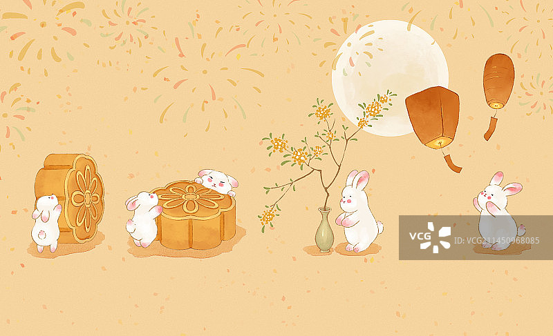 可爱风水彩手绘中秋节小兔子插画元素图片素材