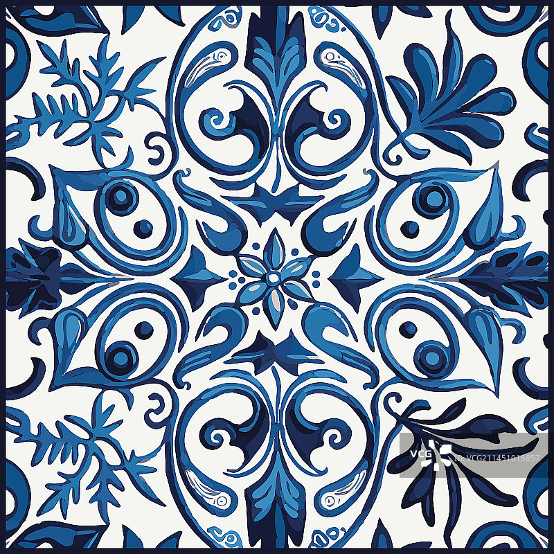 复古蓝色彩绘瓷砖背景图片素材