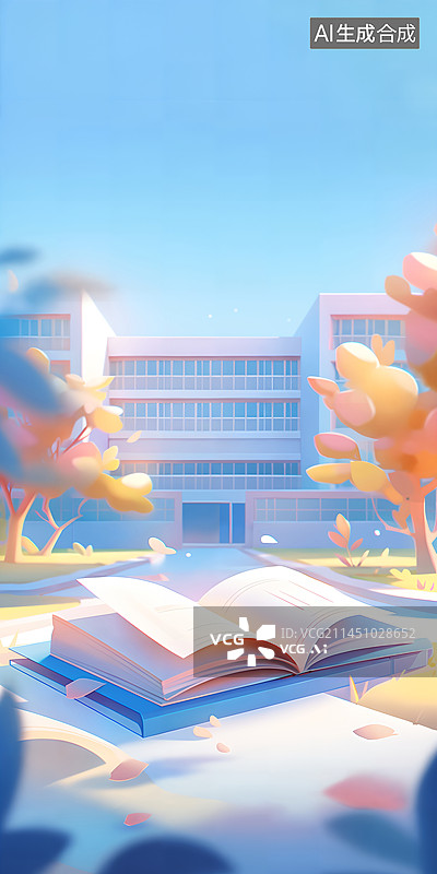 【AI数字艺术】秋天开学季校园道路书本植物竖版插画图片素材