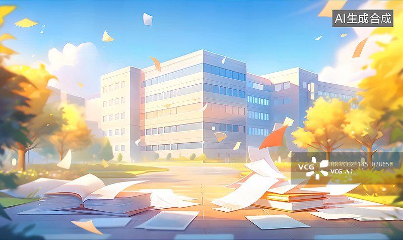 【AI数字艺术】秋天开学季校园考试卷天空树插画图片素材
