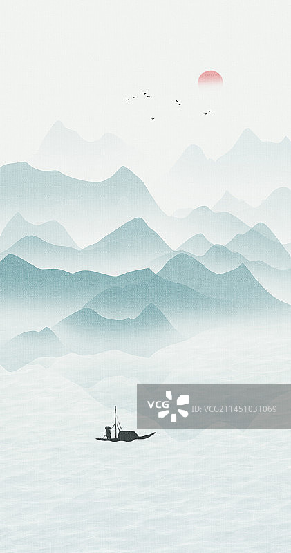 新中式水墨山水风景插画图片素材