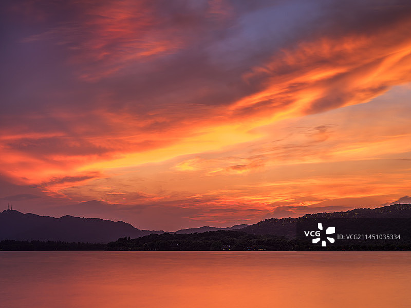杭州西湖日落晚霞图片素材