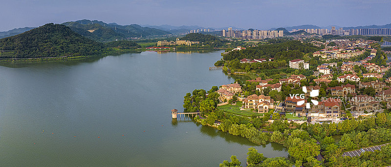 浙江省杭州市临安青山湖晨曦航拍图片素材