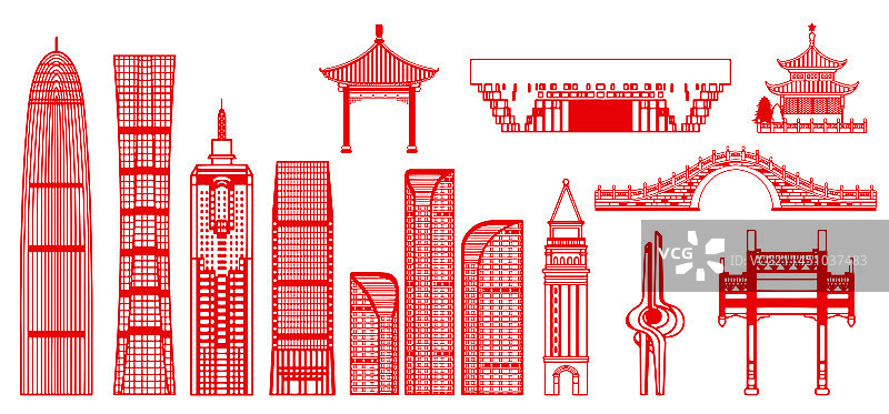 剪纸风格山东济南城市建筑插画图片素材