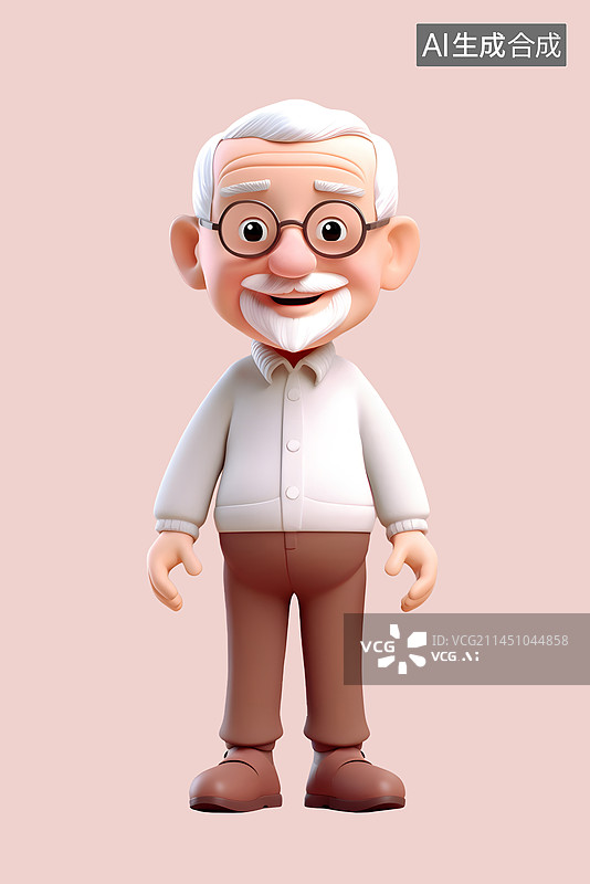 【AI数字艺术】一个戴眼镜的白发老人3d卡通形象正视图图片素材