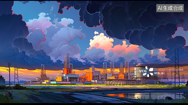 【AI数字艺术】核电站的降温冷凝塔插画图片素材