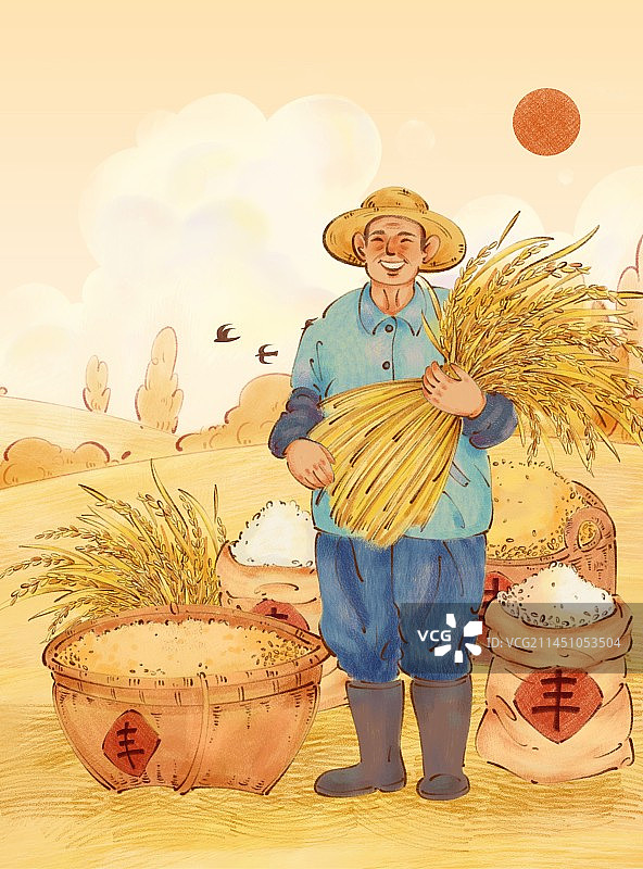 手绘秋天抱着成熟麦子的农民伯伯和粮食插画图片素材