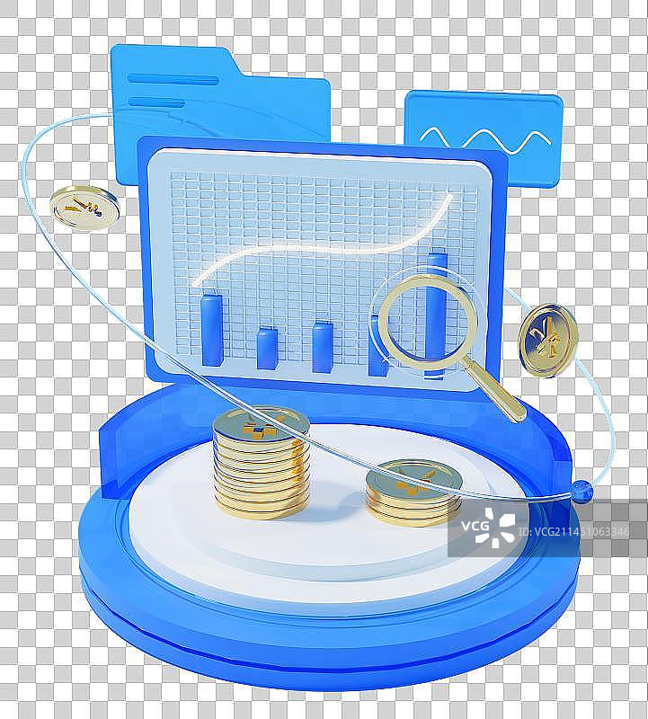 柱状图标的看板上，前面有一个放大镜和金币图片素材