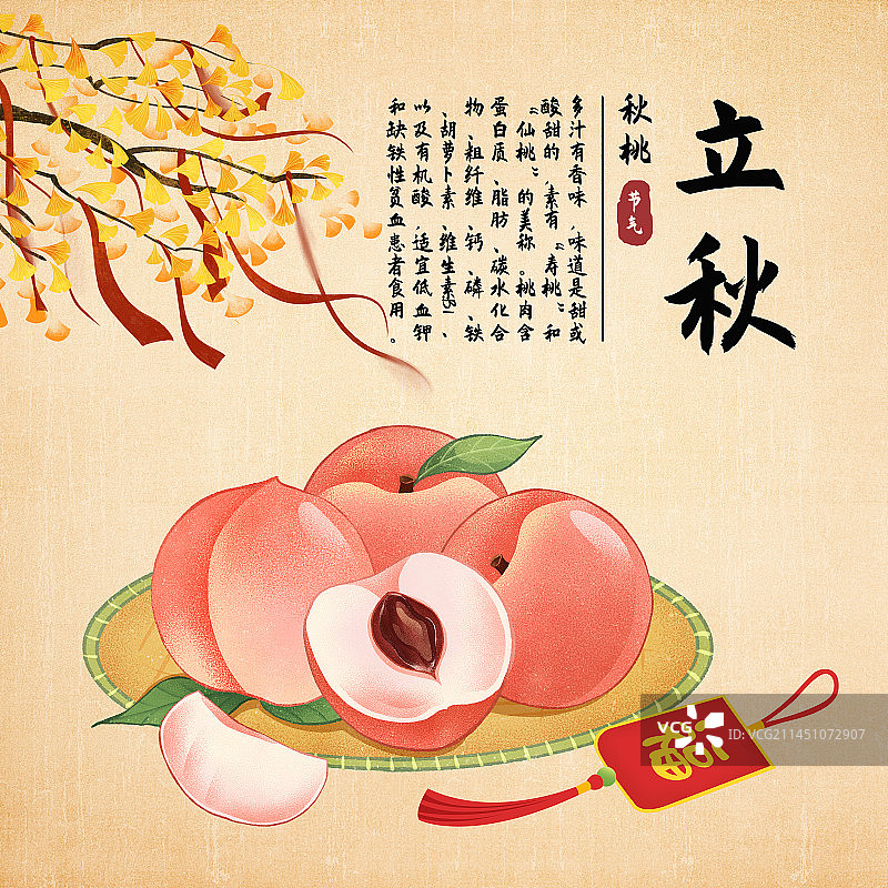 二十四节气立秋美食水果桃子插画模板海报图片素材