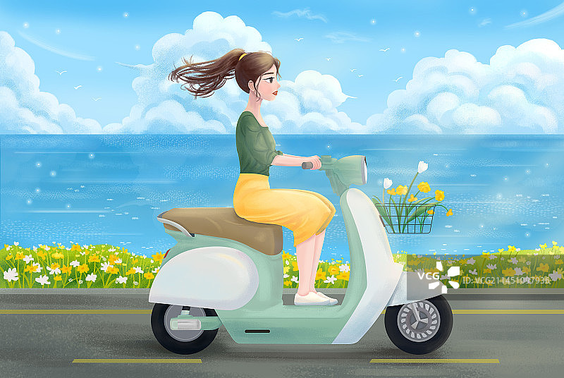 一个女生骑着电动车在美丽的海边兜风游玩图片素材
