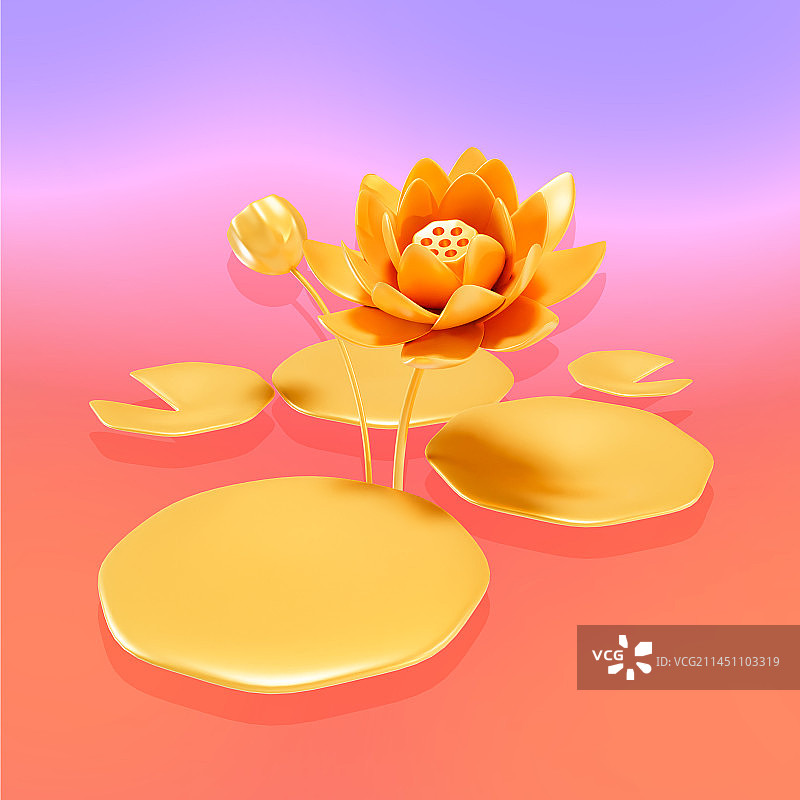 3D立体金色荷花荷叶插画图片素材