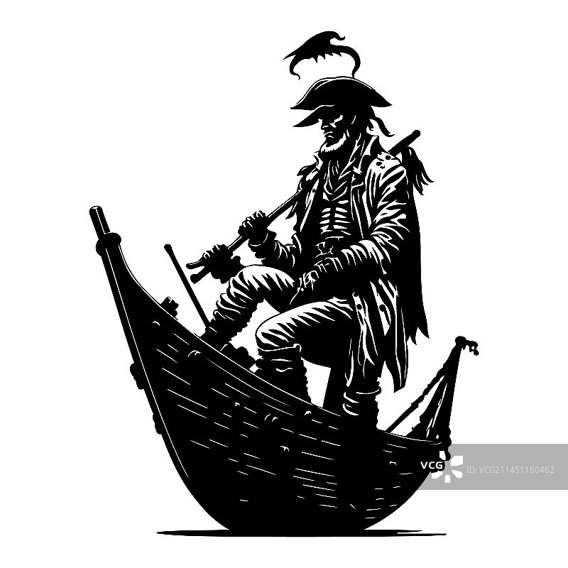 船上的海盗船长黑色轮廓图片素材