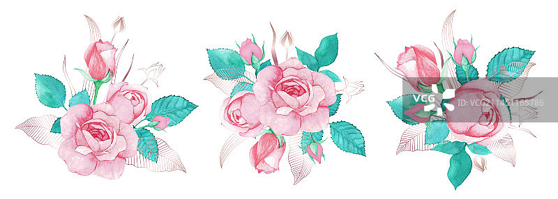 美丽的粉色玫瑰水彩花束图片素材