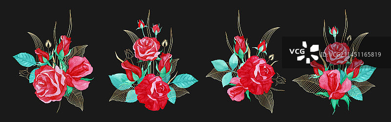 美丽的红色玫瑰水彩花束图片素材