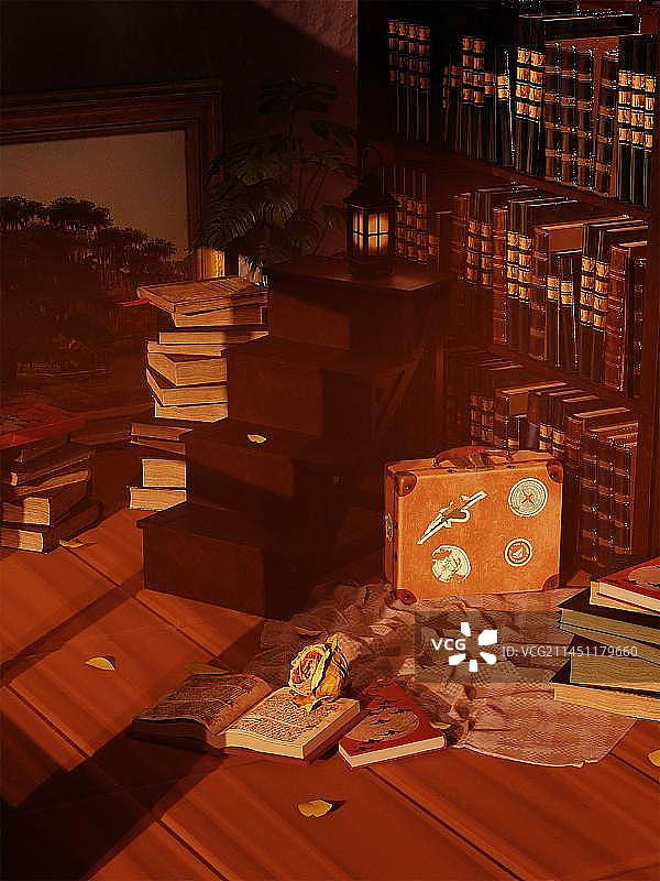 图书馆一角夕阳光图片素材