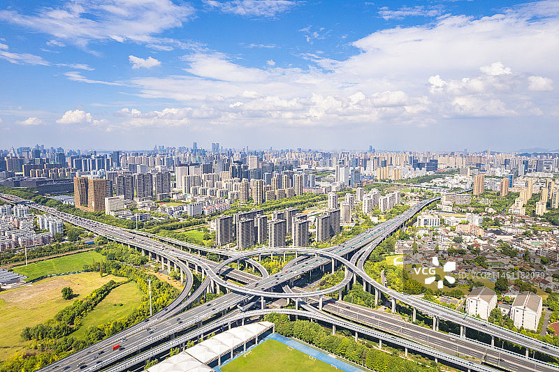 浙江杭州滨江彩虹立交桥城市道路高架航拍图片素材