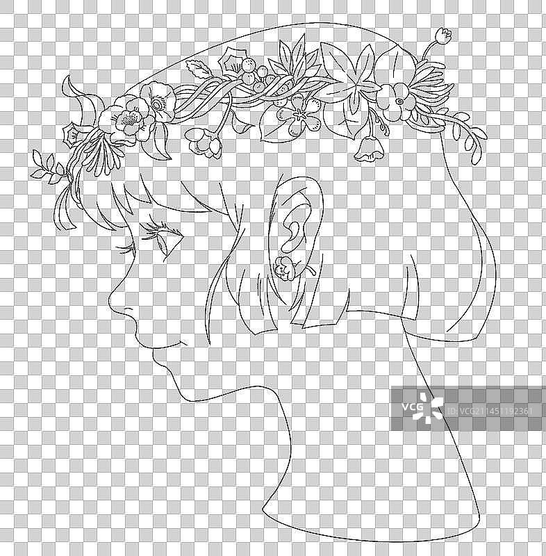 戴花环的少女侧面线描插画元素图片素材