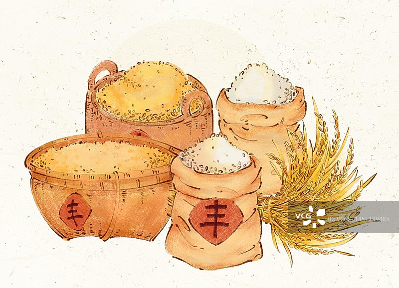 手绘秋天秋分丰收节收获的粮食粮仓插画图片素材