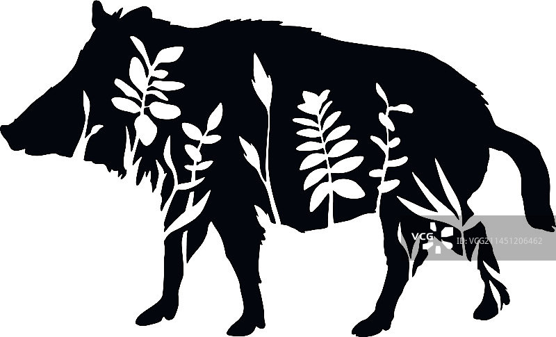野猪-花卉动物剪纸图片素材