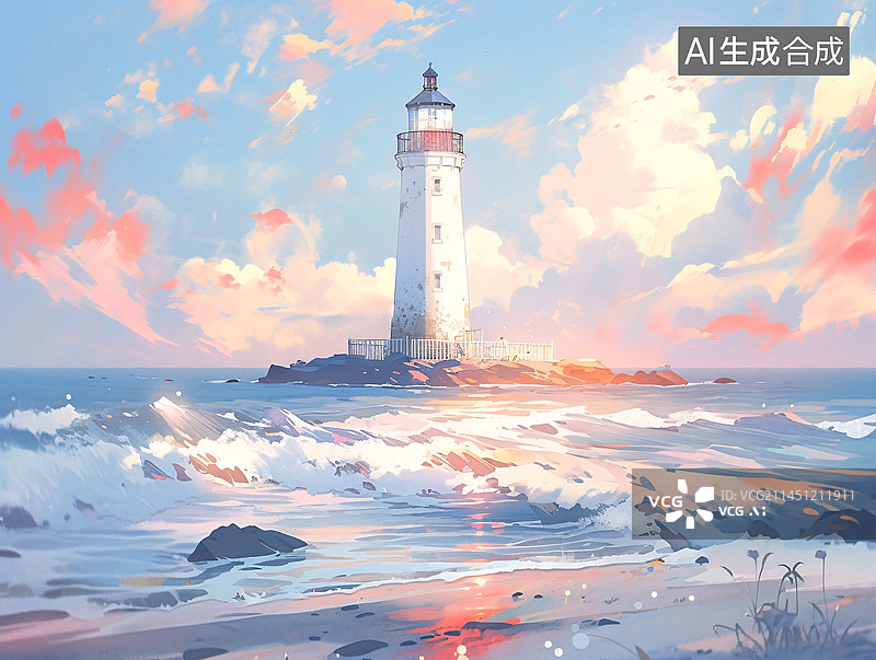 【AI数字艺术】蓝色的海浪，海边的灯塔插画图片素材