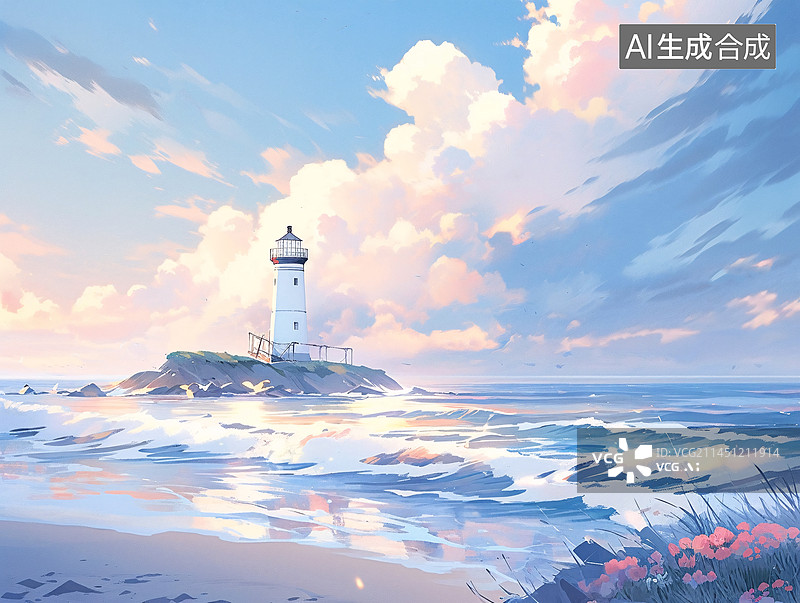 【AI数字艺术】蓝色的海浪，海边的灯塔插画图片素材