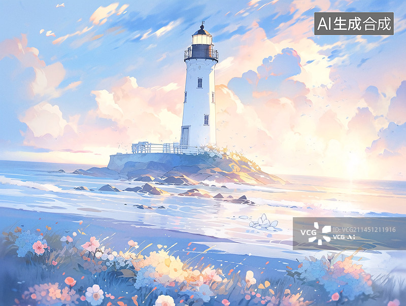 【AI数字艺术】蓝色的海浪，海边的灯塔插画图片素材