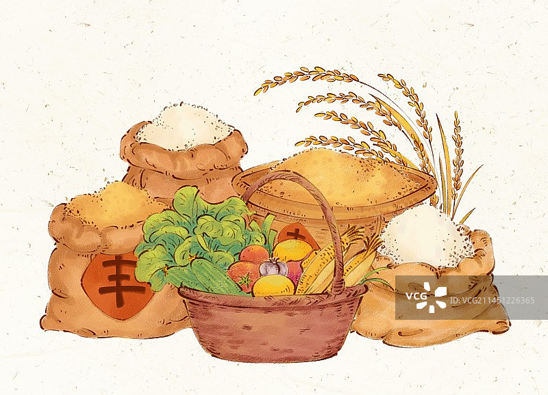 手绘秋天丰收节成熟的粮食蔬果插画图片素材