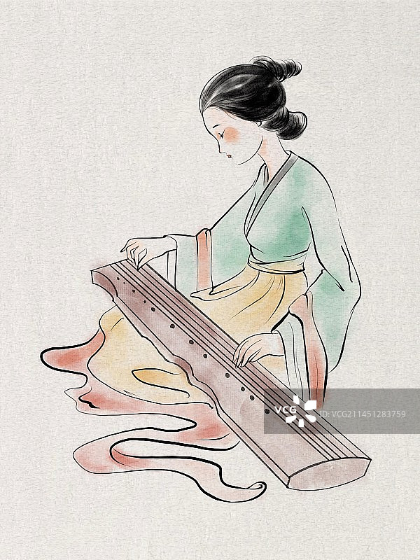 弹琴的人，古风水墨人物画，女子图片素材