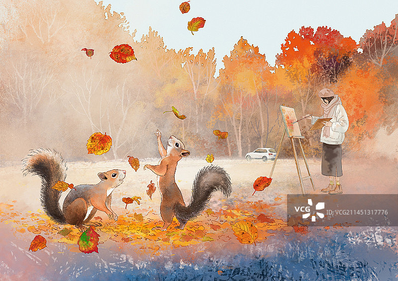 秋天一个女孩在松鼠嘻戏的树林里画画图片素材