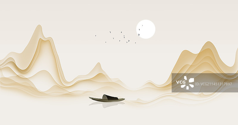 新中式水墨山水风景插画图片素材