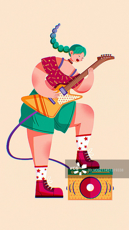 弹吉他的摇滚女孩扁平插画图片素材