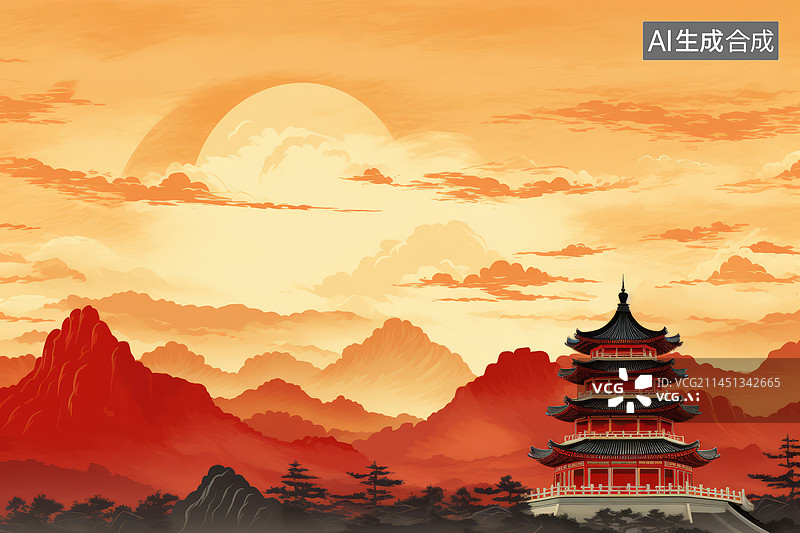 【AI数字艺术】古塔群山日落红色背景图插画图片素材