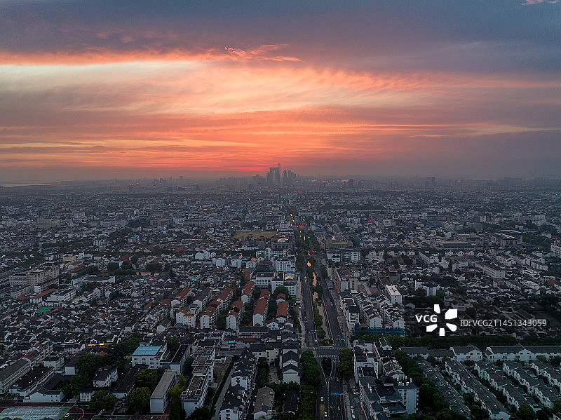 苏州姑苏区中轴线日出清晨航拍风景图片素材