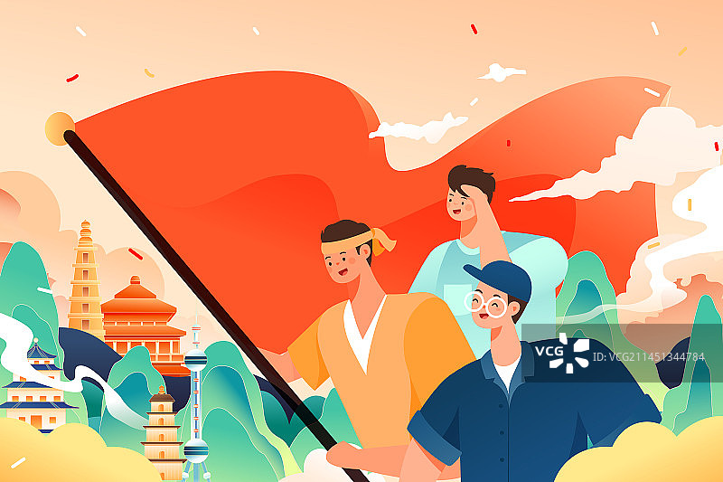 卡通国庆节庆祝活动党建小长假爱国青年祖国欢庆亲子家人家庭朋友学生旅游娱乐电商自然风景古建筑矢量插画图片素材