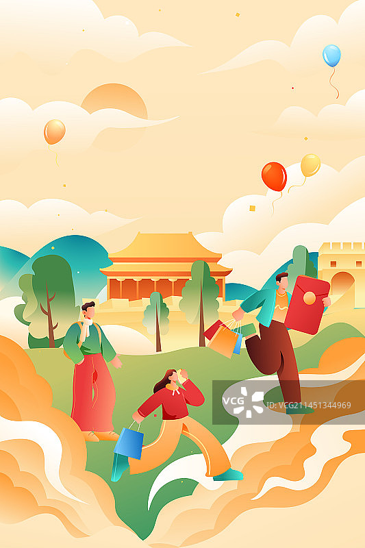 卡通国庆节庆祝活动党建小长假爱国青年祖国欢庆亲子家人家庭朋友学生旅游娱乐电商自然风景古建筑矢量插画图片素材