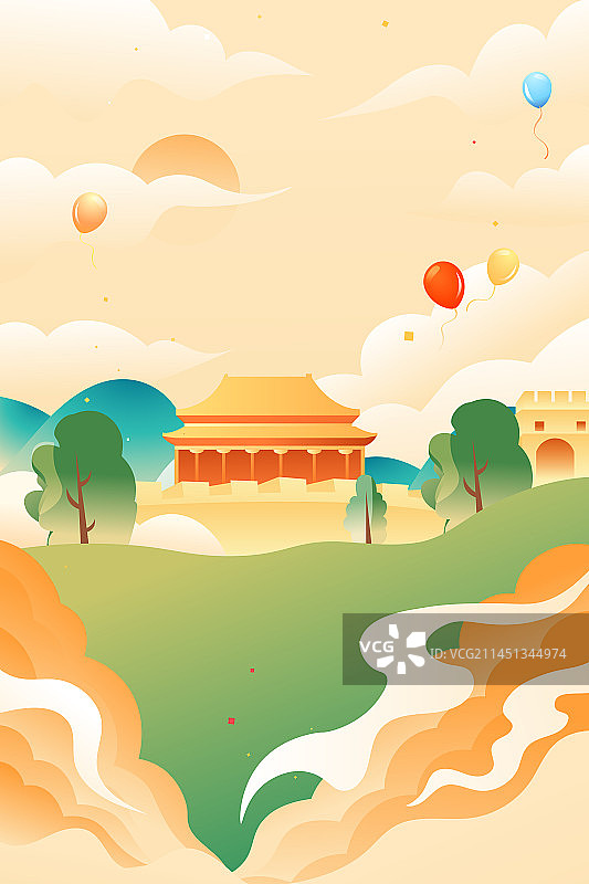 卡通国庆节庆祝活动党建小长假爱国青年祖国欢庆亲子家人家庭朋友学生旅游娱乐电商自然风景古建筑矢量插画图片素材