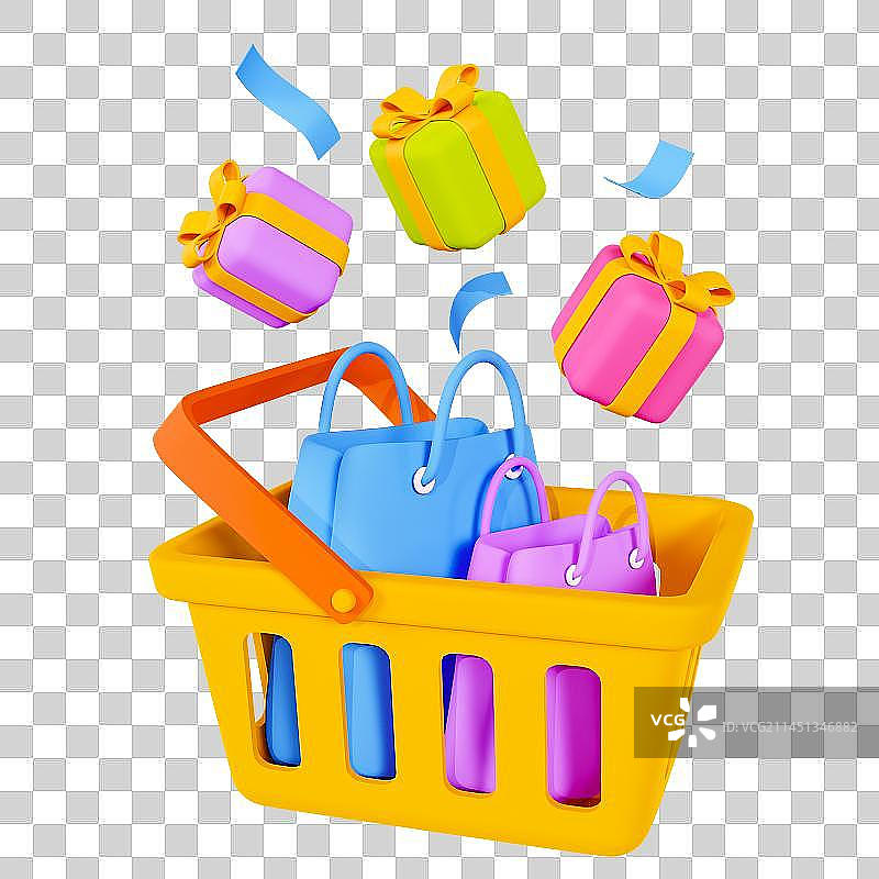 3D立体购物篮礼盒购物袋电商元素图片素材