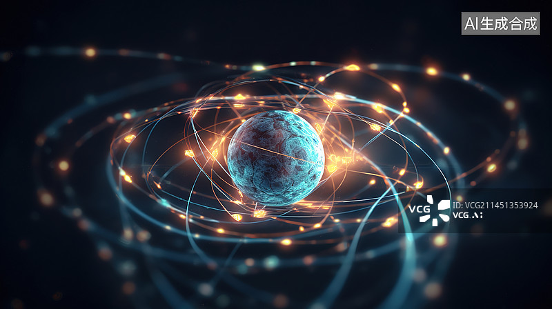 【AI数字艺术】电子、亚原子粒子和核能 3d 渲染的原子概念图片素材