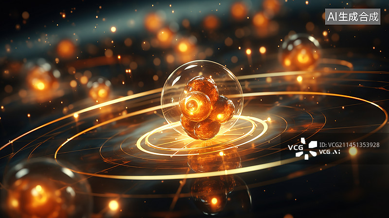 【AI数字艺术】电子、亚原子粒子和核能 3d 渲染的原子概念图片素材