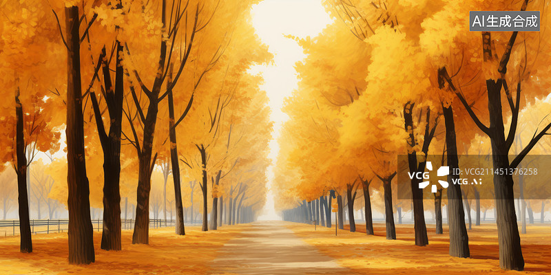 【AI数字艺术】秋天道路黄色银杏树银杏大道插画背景图图片素材