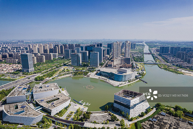慈溪明月湖文化商务区航拍图片素材