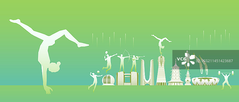 绿色杭州亚运会矢量插画，体操，城市天际线地标图片素材