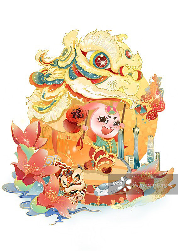 《大展宏兔》国潮风城市非遗系列插画图片素材