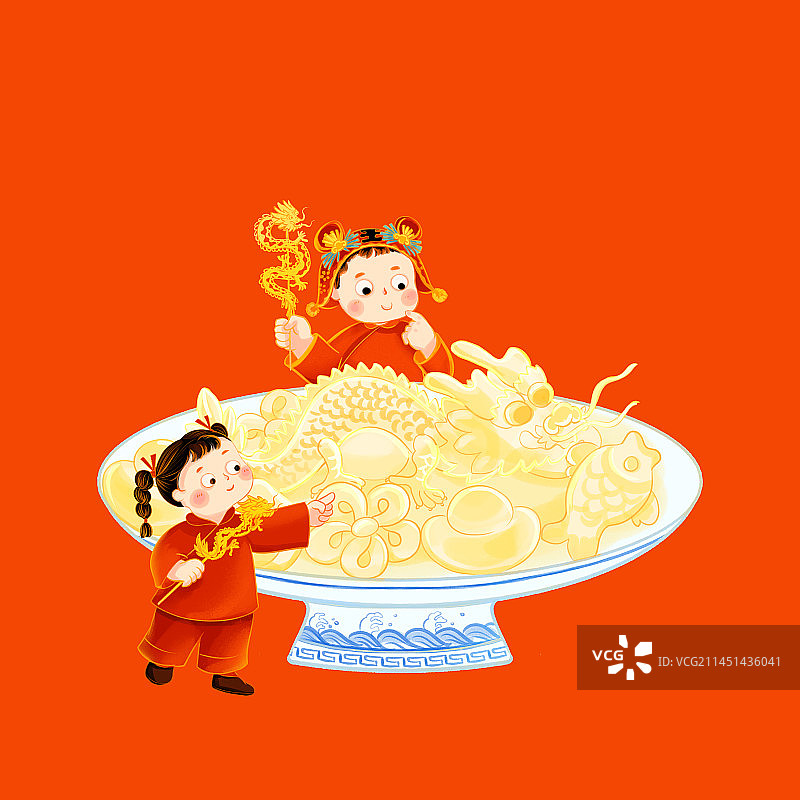 中国龙年春节龙形花馍糖画小孩青花瓷插画图片素材