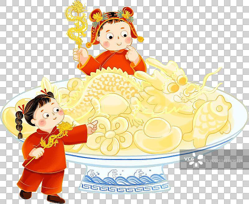 中国龙年春节龙形花馍糖画小孩青花瓷插画图片素材