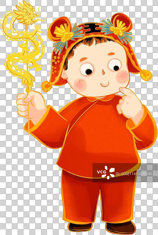 中国春节拿着龙形糖画的小孩中国红插画图片素材